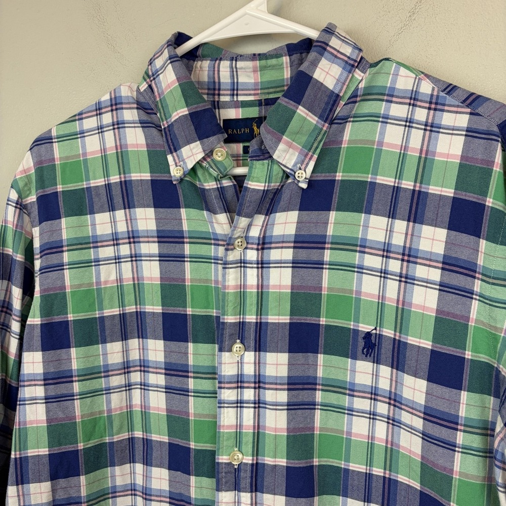Ralph Lauren Shirt Mens Large Blue Green Plaid Classic Long Sleeve Pony Easter